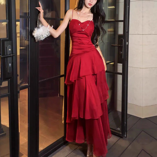 Alana Crimson Red Tiered Evening Maxi Dress - Image 3