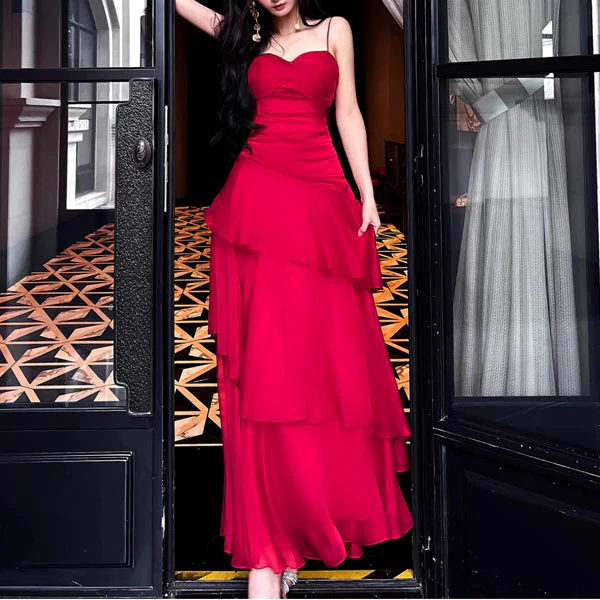 Alana Crimson Red Tiered Evening Maxi Dress - Image 5