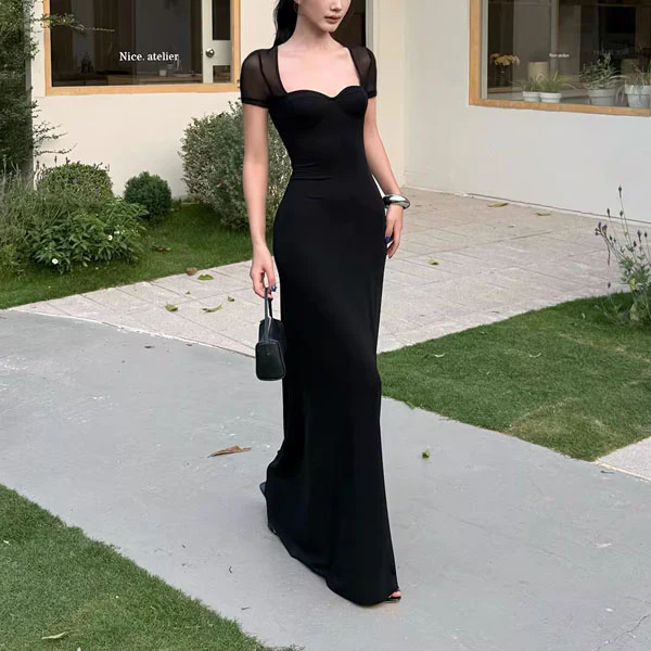 Alessia Elegant Black Mesh Sleeve Sweetheart Neckline Evening Dress