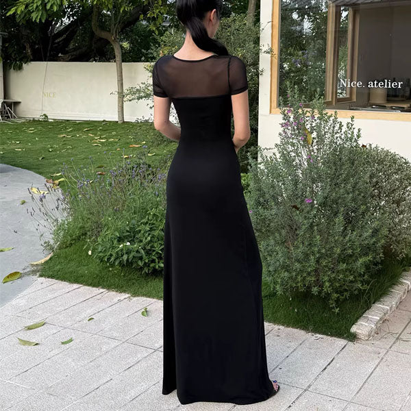 Alessia Elegant Black Mesh Sleeve Sweetheart Neckline Evening Dress - Image 2