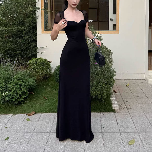 Alessia Elegant Black Mesh Sleeve Sweetheart Neckline Evening Dress - Image 3