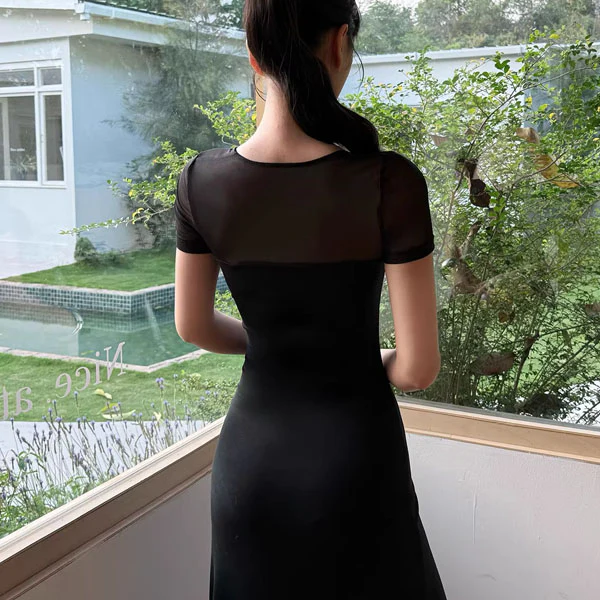 Alessia Elegant Black Mesh Sleeve Sweetheart Neckline Evening Dress - Image 5