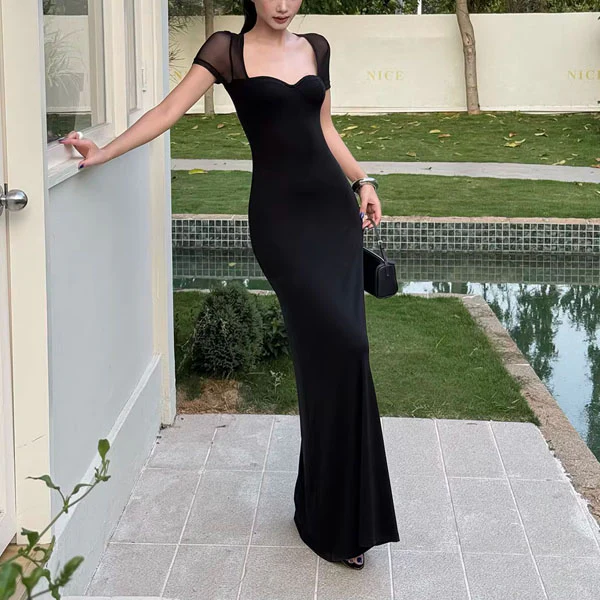 Alessia Elegant Black Mesh Sleeve Sweetheart Neckline Evening Dress - Image 6