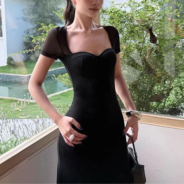 Alessia Elegant Black Mesh Sleeve Sweetheart Neckline Evening Dress - Image 7
