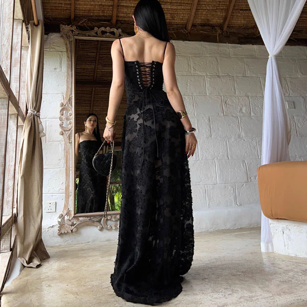 Alina Black Lace Up Back Flora Maxi Dress - Image 2