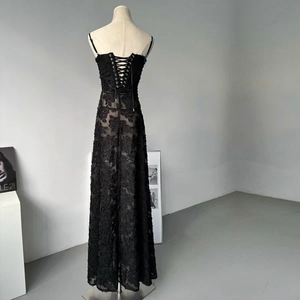 Alina Black Lace Up Back Flora Maxi Dress - Image 9