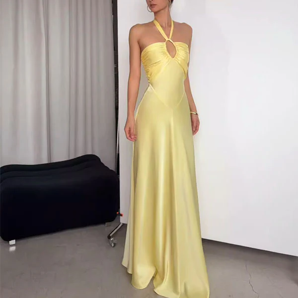 Alyssa Yellow Halter Open Back Maxi Evening Dress