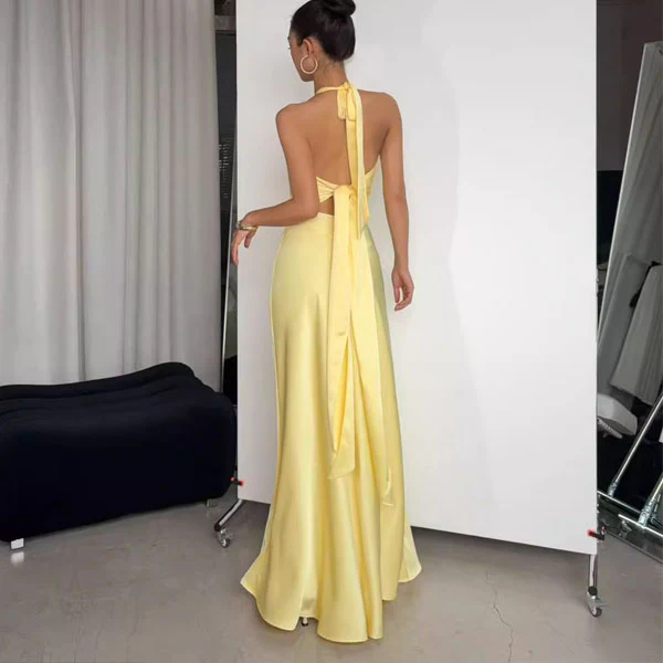 Alyssa Yellow Halter Open Back Maxi Evening Dress - Image 2