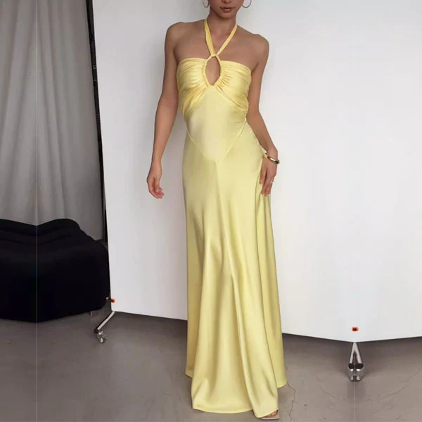 Alyssa Yellow Halter Open Back Maxi Evening Dress - Image 4