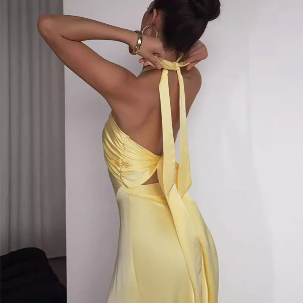 Alyssa Yellow Halter Open Back Maxi Evening Dress - Image 5