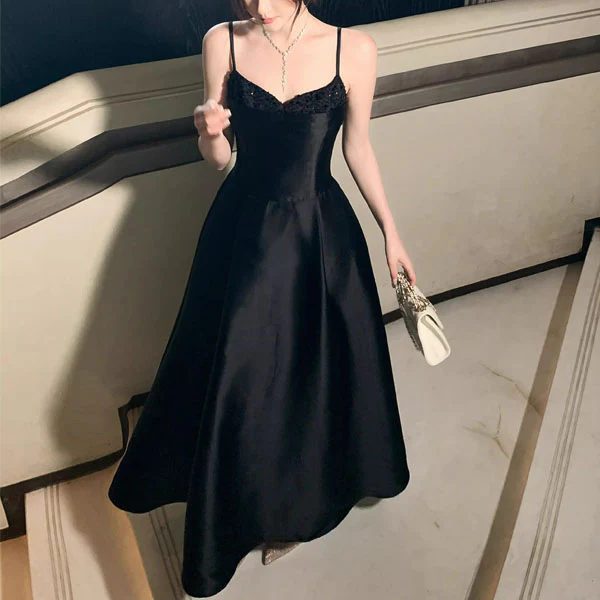 Anita Elegant Black Spaghetti Strap Midi Evening Dress