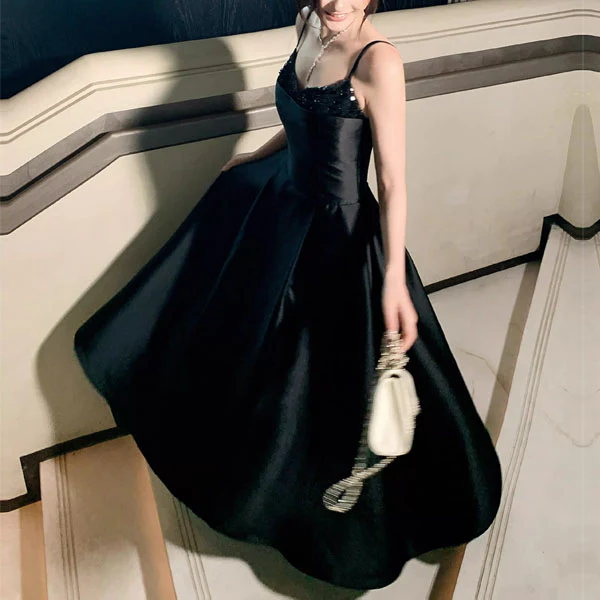 Anita Elegant Black Spaghetti Strap Midi Evening Dress - Image 2