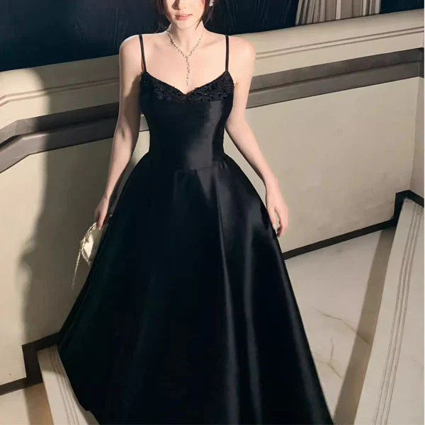 Anita Elegant Black Spaghetti Strap Midi Evening Dress - Image 4