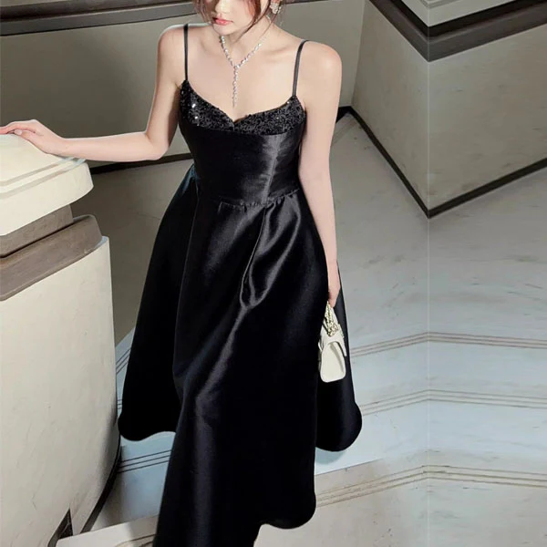 Anita Elegant Black Spaghetti Strap Midi Evening Dress - Image 5
