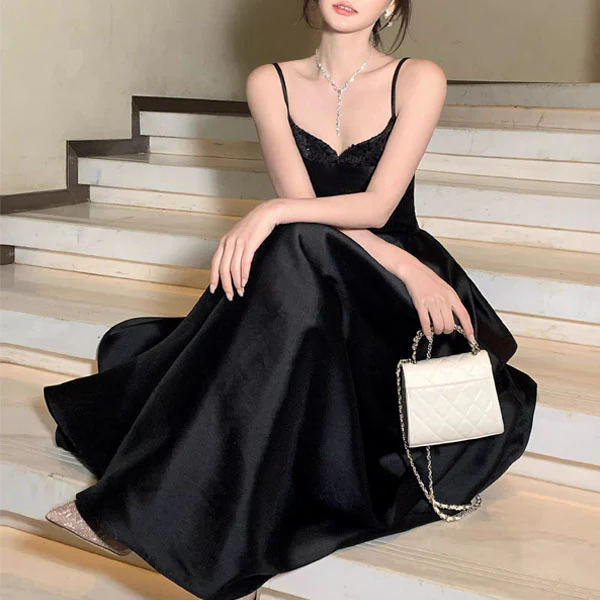 Anita Elegant Black Spaghetti Strap Midi Evening Dress - Image 6