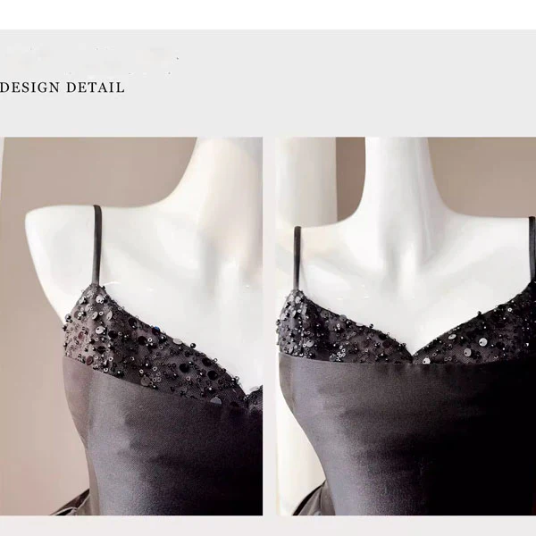 Anita Elegant Black Spaghetti Strap Midi Evening Dress - Image 8