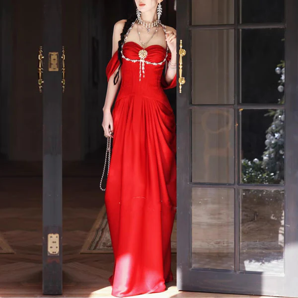 Arabella Crimson Red Corset Off-Shoulder Sleeves Evening Dress