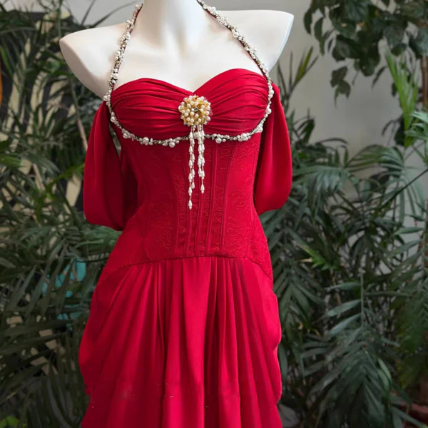 Arabella Crimson Red Corset Off-Shoulder Sleeves Evening Dress - Image 10