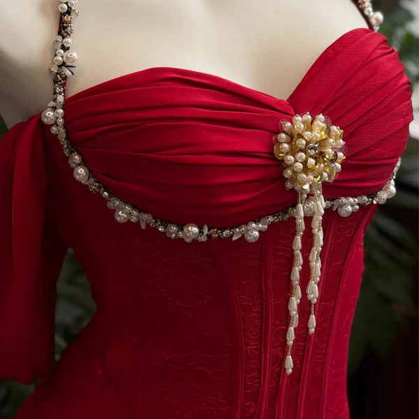 Arabella Crimson Red Corset Off-Shoulder Sleeves Evening Dress - Image 11