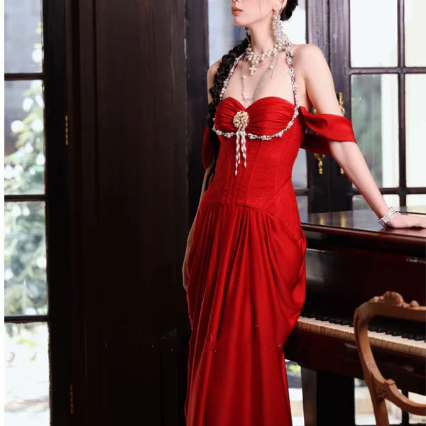 Arabella Crimson Red Corset Off-Shoulder Sleeves Evening Dress - Image 3