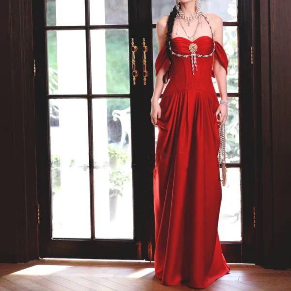 Arabella Crimson Red Corset Off-Shoulder Sleeves Evening Dress - Image 5