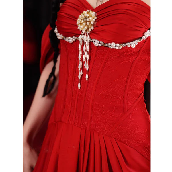 Arabella Crimson Red Corset Off-Shoulder Sleeves Evening Dress - Image 7