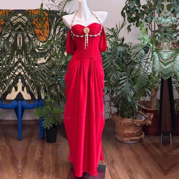 Arabella Crimson Red Corset Off-Shoulder Sleeves Evening Dress - Image 8