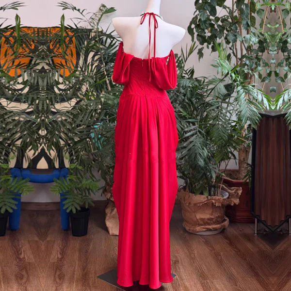 Arabella Crimson Red Corset Off-Shoulder Sleeves Evening Dress - Image 9