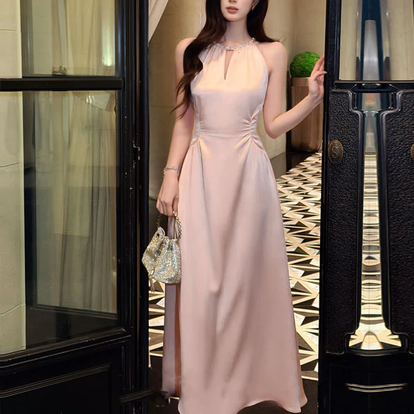 Arina Blush Pink Crystal-Embellished Neckline Evening Dress