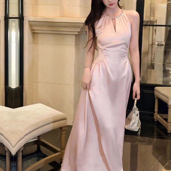 Arina Blush Pink Crystal-Embellished Neckline Evening Dress - Image 2