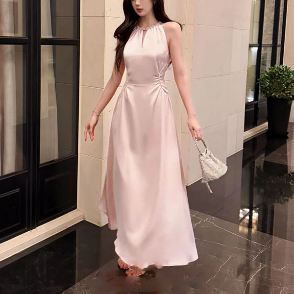 Arina Blush Pink Crystal-Embellished Neckline Evening Dress - Image 5