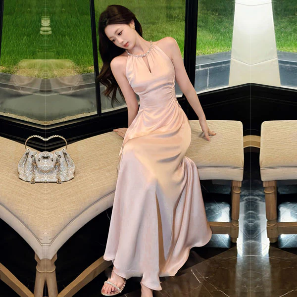 Arina Blush Pink Crystal-Embellished Neckline Evening Dress - Image 6