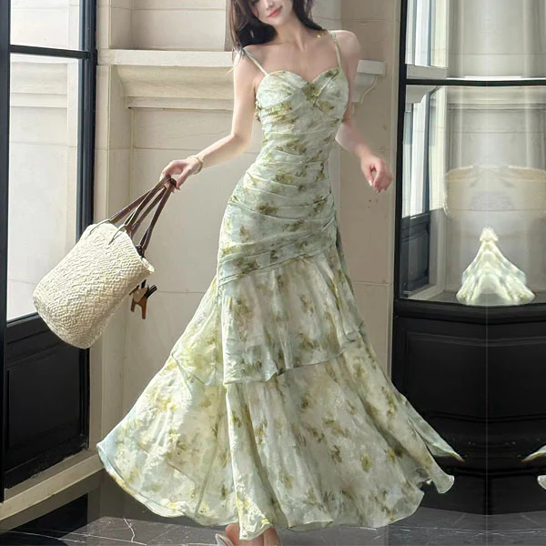 Arrisa Romantic Sage Floral Ruched Layered Evening Dress
