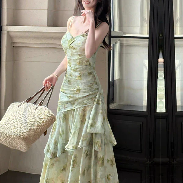 Arrisa Romantic Sage Floral Ruched Layered Evening Dress - Image 3