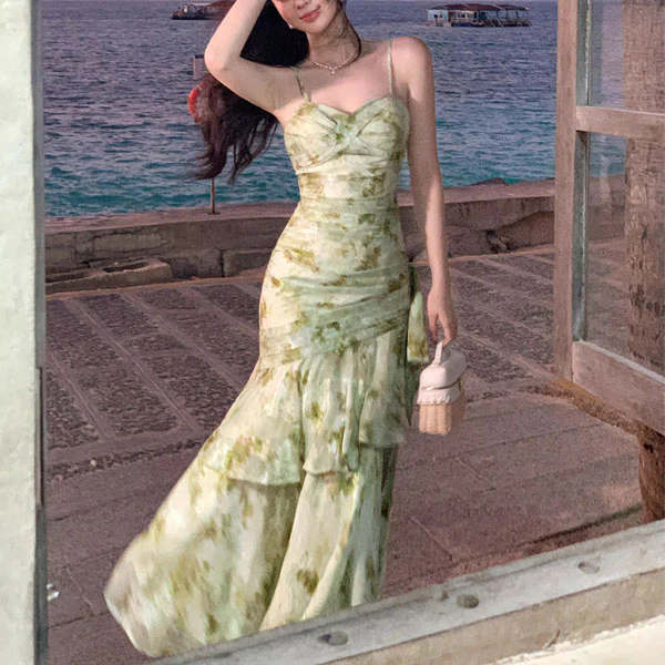Arrisa Romantic Sage Floral Ruched Layered Evening Dress - Image 4