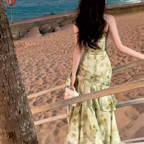 Arrisa Romantic Sage Floral Ruched Layered Evening Dress - Image 5