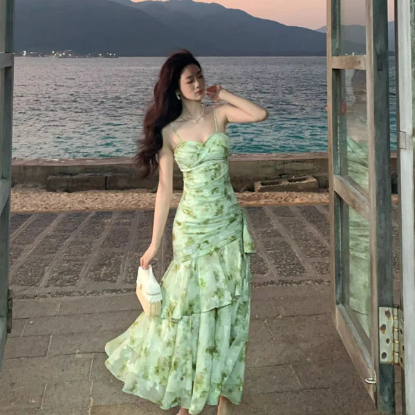 Arrisa Romantic Sage Floral Ruched Layered Evening Dress - Image 8