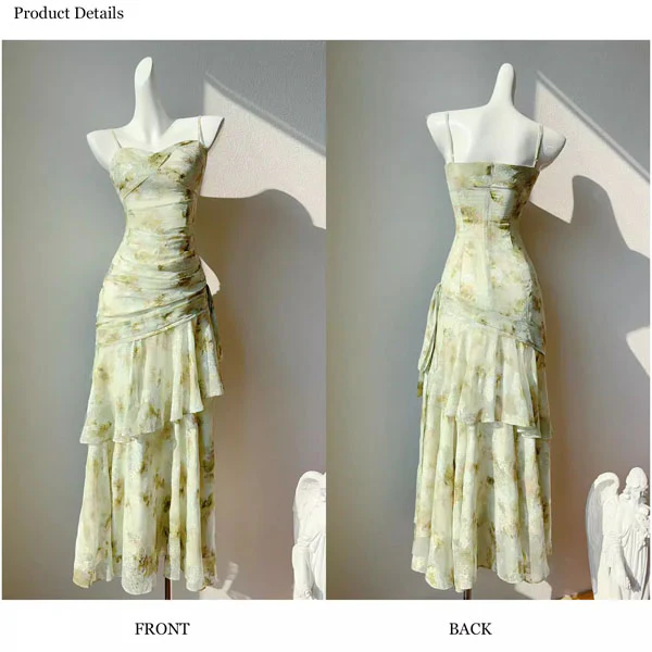 Arrisa Romantic Sage Floral Ruched Layered Evening Dress - Image 9