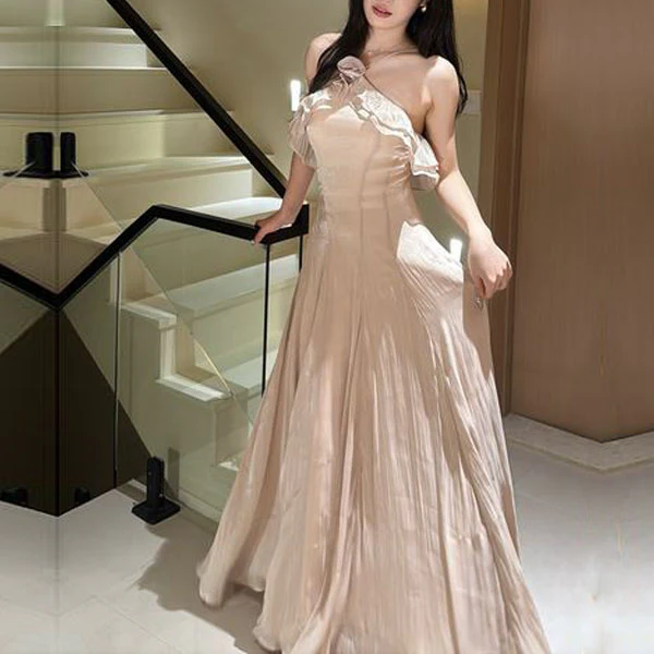 Astra Romantic Halter Ruffles Floral Detail Evening Dress
