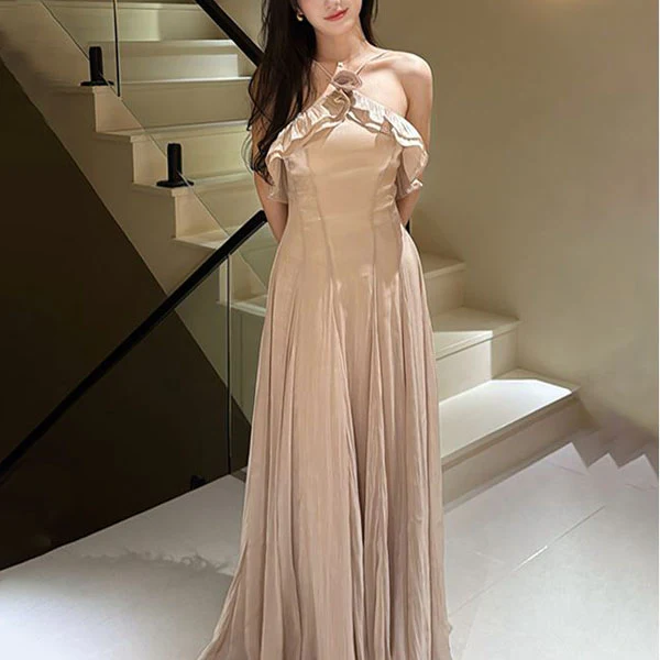 Astra Romantic Halter Ruffles Floral Detail Evening Dress - Image 2