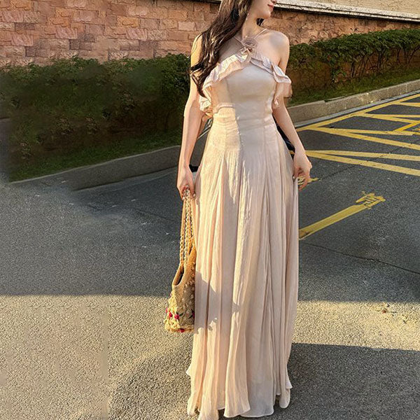 Astra Romantic Halter Ruffles Floral Detail Evening Dress - Image 3
