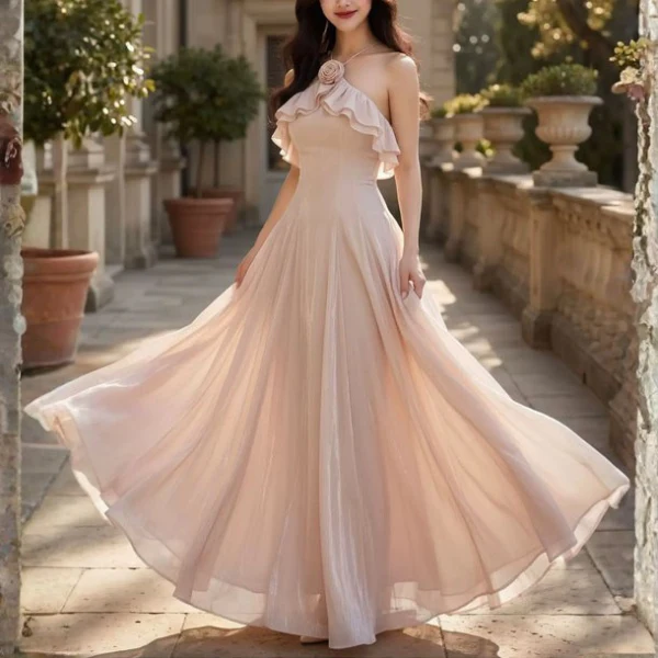Astra Romantic Halter Ruffles Floral Detail Evening Dress - Image 4