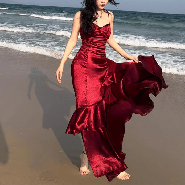 Audrey Vivid Scarlet Tiered Evening Dress - Image 3