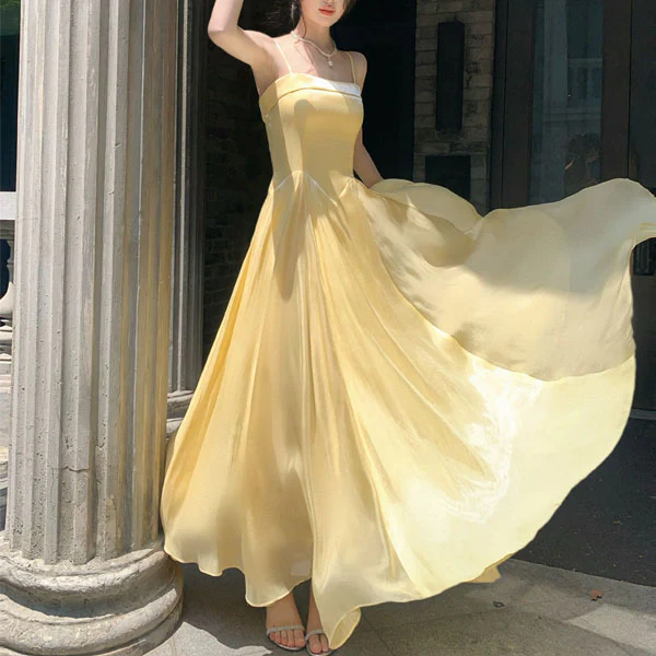 Aurielle Ethereal Butter Yellow Flowy Flare Evening Dress