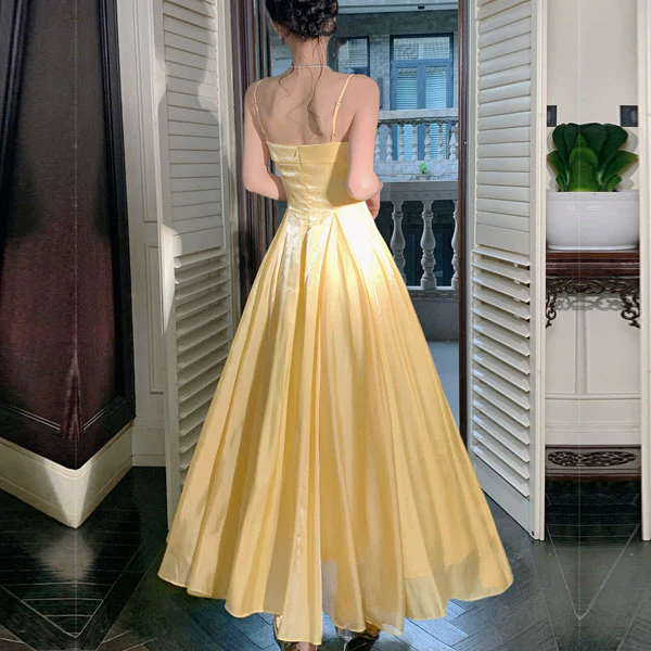 Aurielle Ethereal Butter Yellow Flowy Flare Evening Dress - Image 2