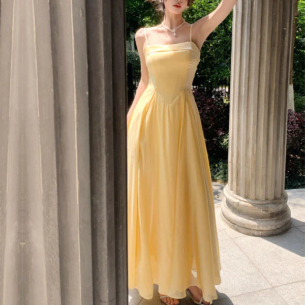 Aurielle Ethereal Butter Yellow Flowy Flare Evening Dress - Image 3