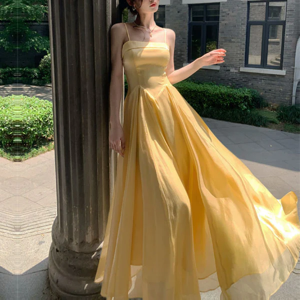 Aurielle Ethereal Butter Yellow Flowy Flare Evening Dress - Image 5