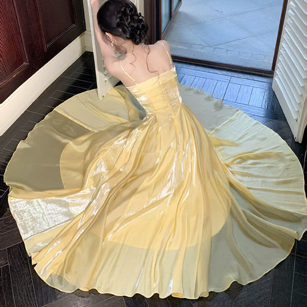 Aurielle Ethereal Butter Yellow Flowy Flare Evening Dress - Image 6