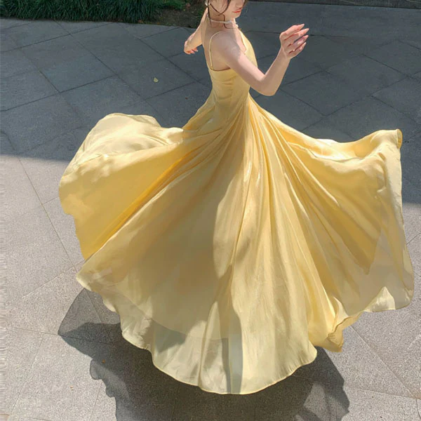 Aurielle Ethereal Butter Yellow Flowy Flare Evening Dress - Image 7