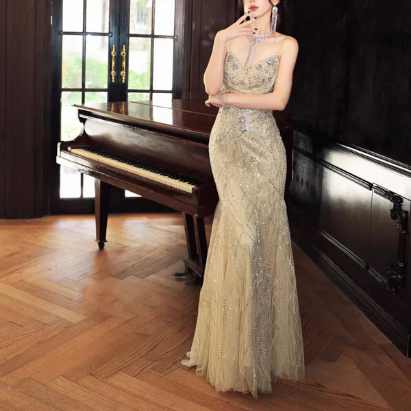 Aurora Glamorous Gold Sequin and Crystal Embellished Evening Dress